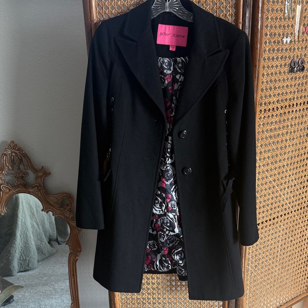 Betsey Johnson Black Corset Trench Coat with Floral Lining
